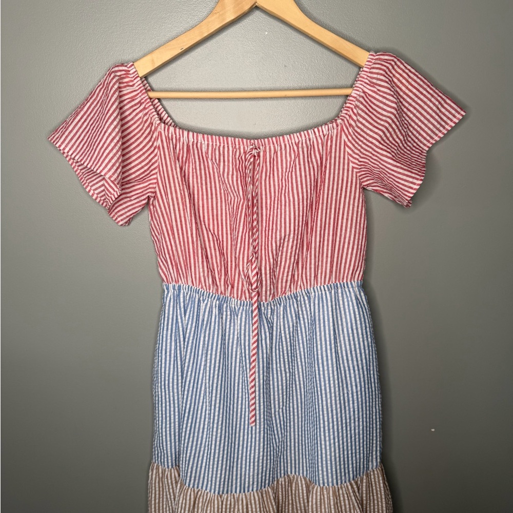 Urban Outfitters Off Shoulder Multi Seersucker Stripes Midi Dress - Picture 5 of 12